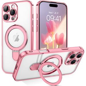 GUAGUA for iPhone 16 Pro Case with Stand, Magnetic Clear Cases Plating Edge Invisible Ring Holder Slim Shockproof Protective Kickstand Case for iPhone 16 Pro 6.3 inch, Rose Gold