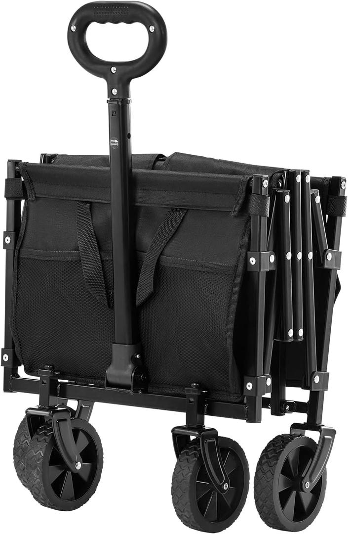 Happybuy Collapsible Wagon Cart, 120L & 225LBS Folding Utility Wagon with All-Terrain Wheels, Heavy Duty Outdoor Cart with Adjustable Handle, Portable Beach & Garden Cart, Black