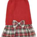 Lanyarco Burgundy Red Knitted Dog Sweater Dress, Plaid Dog Winter Clothes for Dogs Girl, Dachshund Doggy Pet Apparel, Red, Large (L)