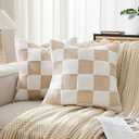 Ohocut Checkered Jacquard Shag Throw Pillow Covers, Pack of 2 Fluffy Beige Sand Cute Decorative Boho Aesthetic Soft Checkered Throw Pillow Cases for Couch Sofa Bedroom,20x20 Inch