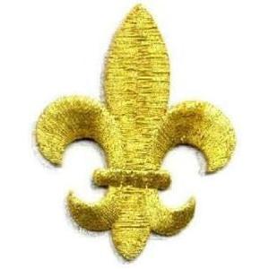 Fleur De Lis Embroidered Iron On Applique Patch, Gold Metallic, 2.5" High, 1-7/8"- for Hats, Shirts, Shoes, Jeans, Jacket