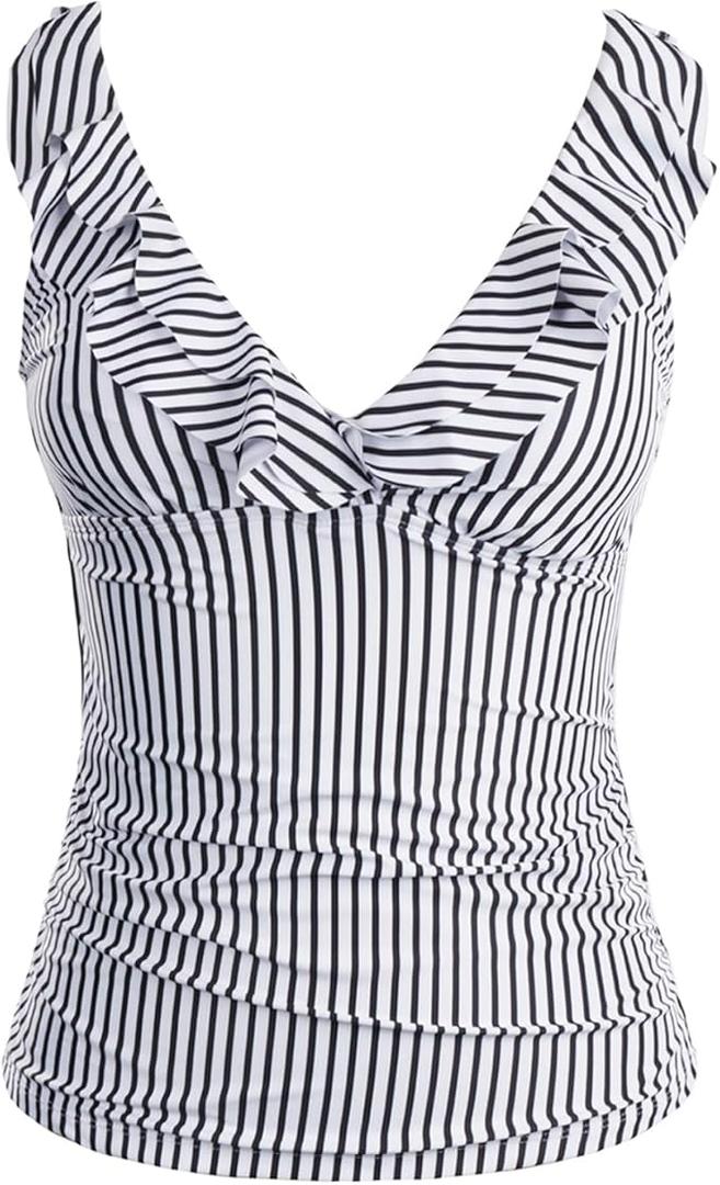 Yonique Women's Tankini Top Only Tummy Control Bathing Suit Top Ruffle Swimsuit Top V Neck Swim Tank Top No Bottom Black and White Striped XL