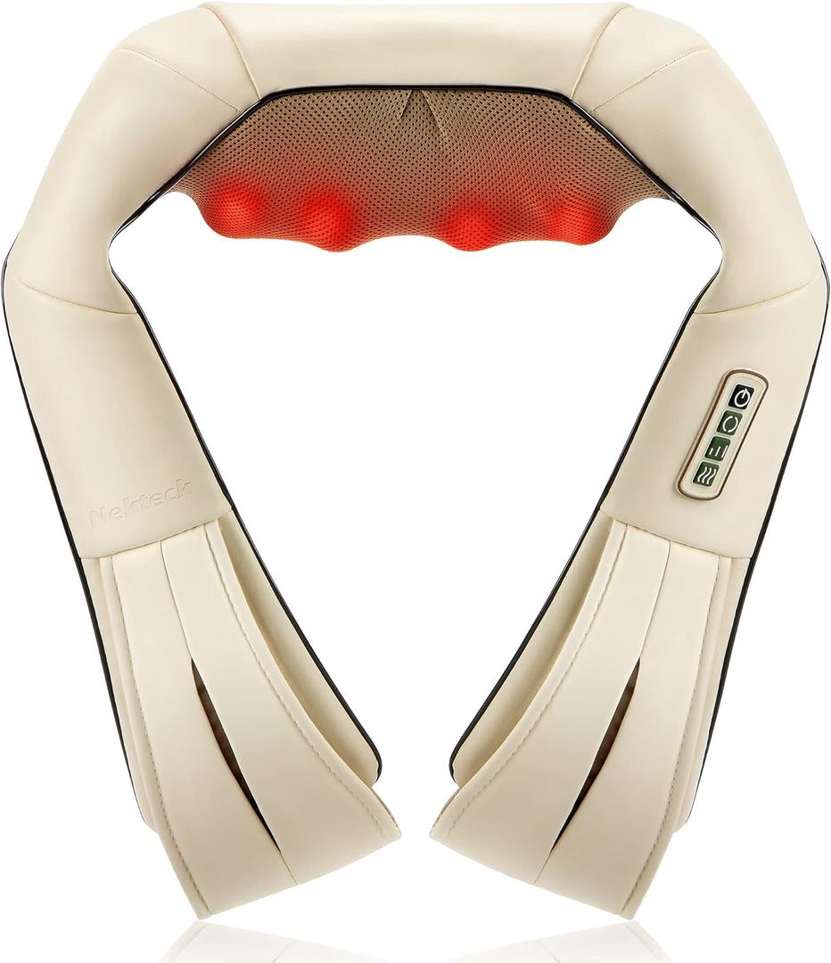 Nekteck Shiatsu Neck and Back Massager with Soothing Heat, Electric Deep Tissue 3D Kneading Massage Pillow for Shoulder, Leg, Full Body Muscle Pain Relief, Car, Office and Home Use (Beige)