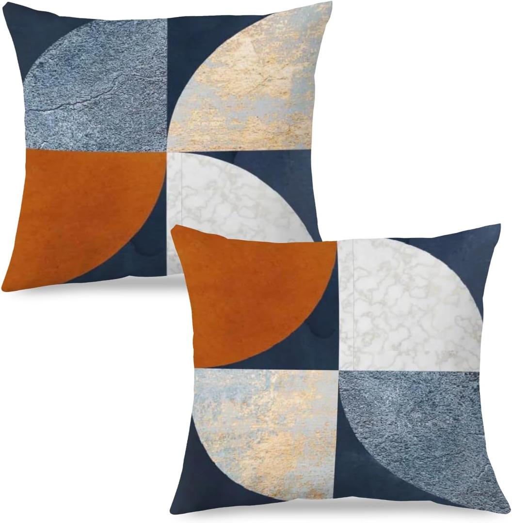 Boho Navy Blue Terracotta Gold Pillow Covers 18x18 Set of 2, Abstract Modern Terracotta Circles Decorative Pillow Covers for Bedroom Living Room, Textured Modern Home Decor, Boho Textured Room Decor