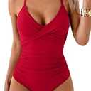 B2prity Women's One Piece Swimsuits Tummy Control Front Cross Bathing Suits Tie Back Slimming V Neck Swimwear(Red)
