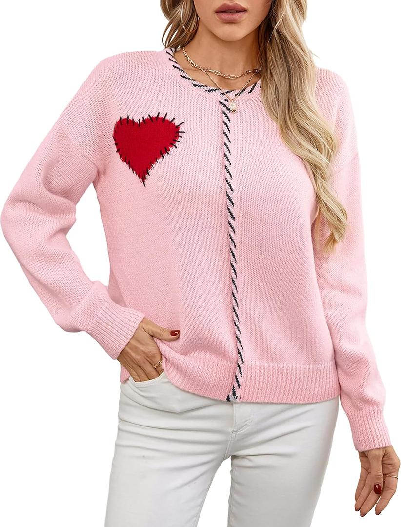 Libsorge Womens Oversized Cute Crewneck Heart Sweater Winter Spring Valentine's Day 2025 Trendy Ribbed Knit Contrast Color Block Pullover Casual Cozy Knitted Sweaters Pink  (Pink, L)