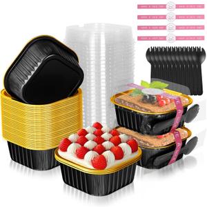 HEYYUMI 10oz Aluminum Foil Brownie Pans with Lids and Spoons, 40 Pack Square 4”X4” Disposable Ramekins Muffin Tins,Mini Cake Pans Baking Cups,Individual Cupcake Containers Dessert Cups  Black Gold