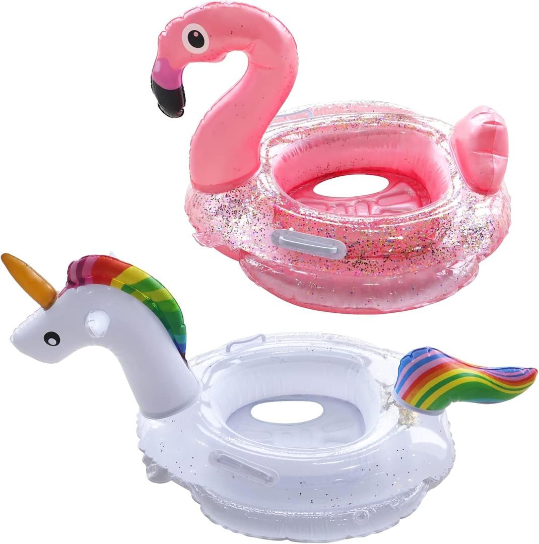 Inflatable Flamingo Unicorn Pool Floats for Kids, 2 Pack Swim Rings with Safety Seat and Handle, Pool Tubes for Floating, Fun Beach Floaties, Summer Party Pool Toys for Toddlers