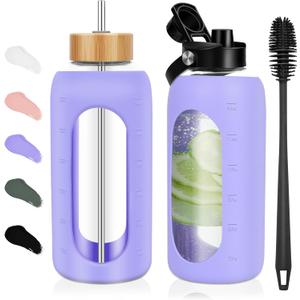 FULBEVY Glass Water Bottles 64 oz - Half Gallon Large Motivational Daily Water Intake Bottle Time Marker - Glass Water Bottle With Straw, Silicone Sleeve 2 Lids, Handle Spout & Bamboo Lid(Purple)