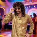 70s Mens Brown Wig + Glasses + Golden Chain + Peace Sign Necklace + Mustache + Wig Cap Long Curly Funny Synthetic Wigs for Retro Outfit Men Party Hippies Rocker Costume Cosplay Halloween, 6pcs Set
