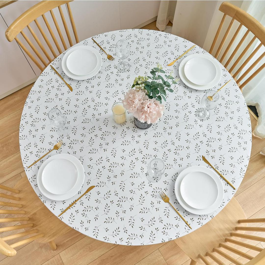 NLMUVW Vinyl Round Tablecloth with Elastic Edge Flannel Back, 100% Waterproof Fitted PVC Table Cloth Wipe Clean Table Cover for Camping Outdoor, Leaf, 40"- 44"