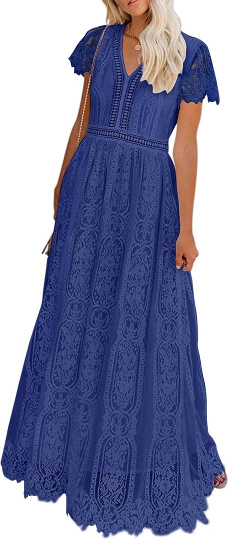 MEROKEETY Women's 2026 V Neck Short Sleeve Floral Lace Wedding Dress A Line Boho Bridesmaid Cocktail Party Maxi Dress (Medium)