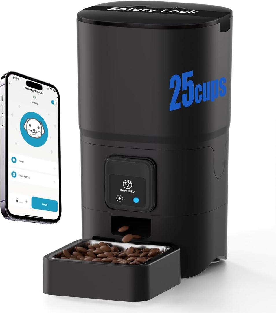 2.4G WiFi Automatic Cat Feeder, 6L/25Cup Automatic Pet Feeder with APP Control for Remote Feeding, Detachable for Easy Clean, Cat Food Dispenser with Alexa,1-30 Meals Per Day for Dog, Black