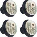 4 Pcs 1.37" Round Cabinet Knobs Flowers on Vintage Wooden Boards Kitchen Cupboard Knob Black Drawer Hardware Pulls Dresser Handle with Screws Furniture Decoration