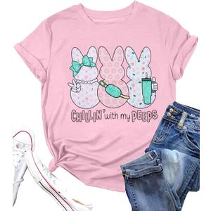 Women Chillin'with My Peeps Shirt Easter Shirt Funny Bunny T-Shirt Cute Rabbit Tee Tops Easter Day Gift (XXL)