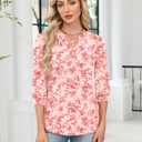 Rapbin 3/4 Length Sleeve Womens Tops 2025 Summer Fall Henley V Neck Button Down Tunic Shirts Casual Business Blouses (Medium, Beige Red Flower)