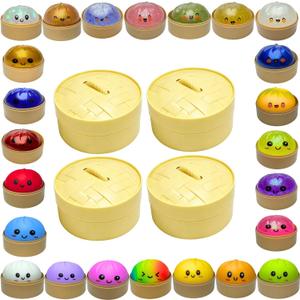 Random Flashy Dumpling Box Stress Ball,Colorful Steamer Baozi Stress Relief Ball,Stretche Squishy Squeeze Stress Ball,Random 4 of 24 Color Bao Bun Mystery Box Soft Stress Relief for Office Home Adult
