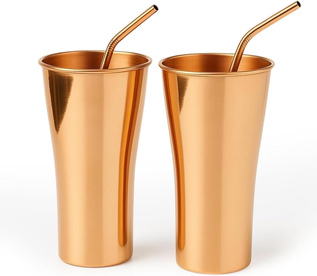 2actielife Pure Copper Tumbler Set of 2 With 2 Copper Straws Handcrafted from 100% Pure Cups. Ideal for Home, Office & Gifting and Parties Capicity 10 oz (300 ml)