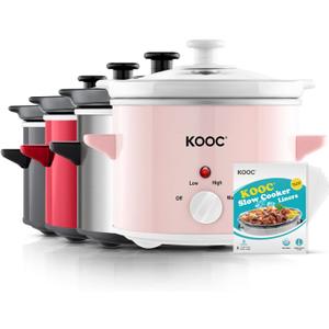 KOOC Small Slow Cooker, 2-Quart, Free Liners Included for Easy Clean-up, Upgraded Ceramic pot, Adjustable Temp, Nutrient Loss Reduction, Stainless Steel, Pink, Round