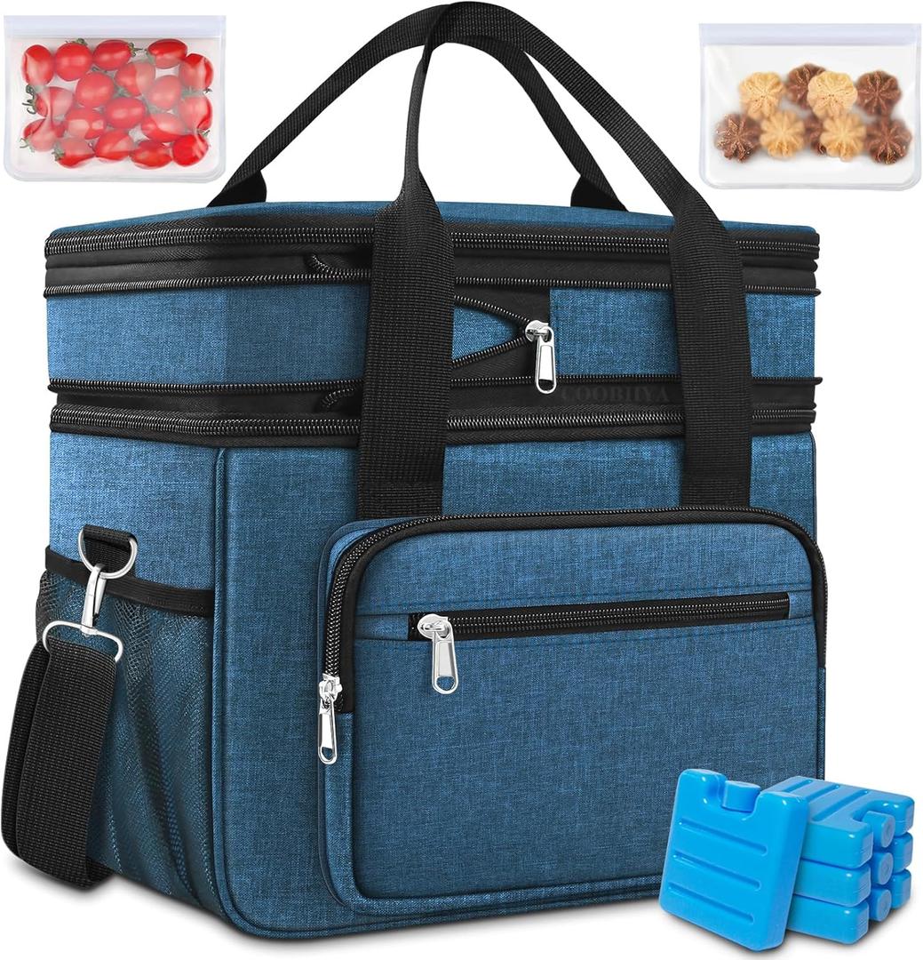 23L Extra Large Expandable Insulated Cooler Lunch Box for Men Double Deck Leakproof Heavy Duty Lunch Bag with 4 Ice Packs&2 Snack Bags for Adult/Construction/Women/Work/Picnic/Camping - Blue