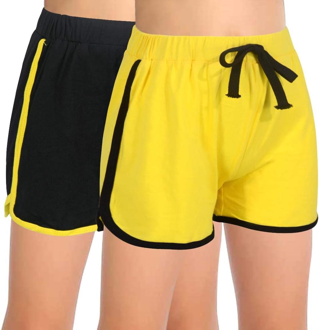 GORLYA 2 Pack Girl's Active Wear Play up Workout Gym Athletic Sport Running Casual Dolphin Shorts (Yellow)