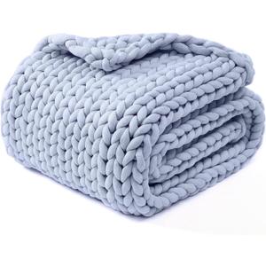 YnM Chunky Throw Blanket, Medium-Weight, Hand Knitted, Skin Friendly, Ventilated and Breathable, Machine Washable, Home Décor Piece for Couch, Sofa and Bed (Atlantis Blue, 40x50 Inch)