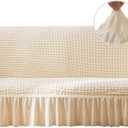 Qubjus Stretch Sofa Slipcover Sofa Covers Washable Couch Sofa Bed Cover Easy Fit Furniture Protector with Elastic Bottom and Skirt (Off- White, Large)