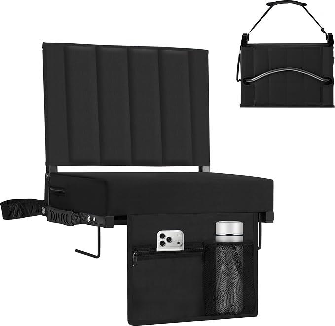 Stadium Seat for Bleachers with Back Support, Portable Bleacher Seat with Wide Comfy Padded Cushion, Metal Hook, Folding Stadium Chair with Shoulder Strap, Carry Handle, Cup Holder, Black