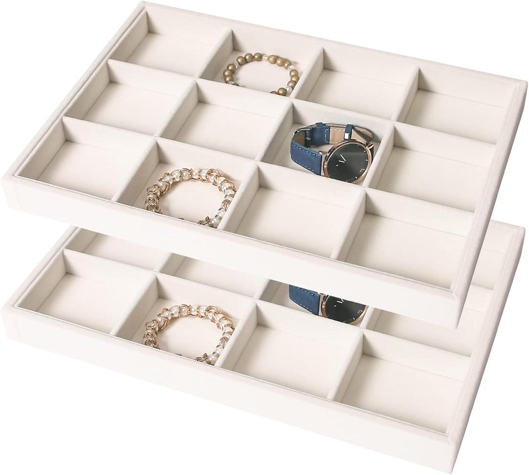 Coward 2PC Stackable 12 Grids Jewelry Organizer Tray Bracelet Display Stand for Selling Velvet Necklace Holder Earring Box Storage (12grid+12grid)