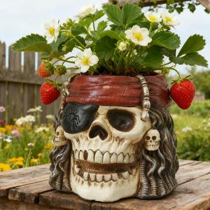 Skull Planter, Skulls Flower Pot, Skull Bowl, Skeleton Succulent Pots, Gothic Plant Pots with Drainage, Goth Statue Flower Pots, Indoor/Outdoor Pirate Figurine, Halloween Decoration, Funny Home Decor (Red Scarf)
