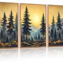 HOURIA 3Pcs Framed Mountain Forest Sunset Landscape Canvas Wall Art (16"x24"), Large Abstract Pine Tree Golden Sunset Wall Decor, Vintage Warm Nature Scenery Art Print for Office Bedroom Living Room