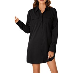 LYANER Women's Button Down Shirt Dresses Collared V Neck Long Sleeve Slit Mini Dress (Large, Black)