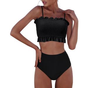 RXRXCOCO Womens Shirred Bandeau Bikini Cute Two Piece Swimsuit Off Shoulder High Waist Bathing Suit (Black, L)