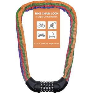NDakter Bike Lock, 5 Digit Combination Heavy Duty Anti Theft Bicycle Chain Lock, 2.62/3.2/4.27/5/6Ft Long, High Security Resettable, Suitable for Bike, Scooter, Door, Gate, Fence-4/6mm Thick (Multicolor)