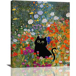 Funny Black Cat Pictures Wall Art, Flower Filed Bathroom Wall Decor, Floral Framed Painting Canvas Artwork for Bathroom Bedroom Living Room Decorations 16" L x 12" W
