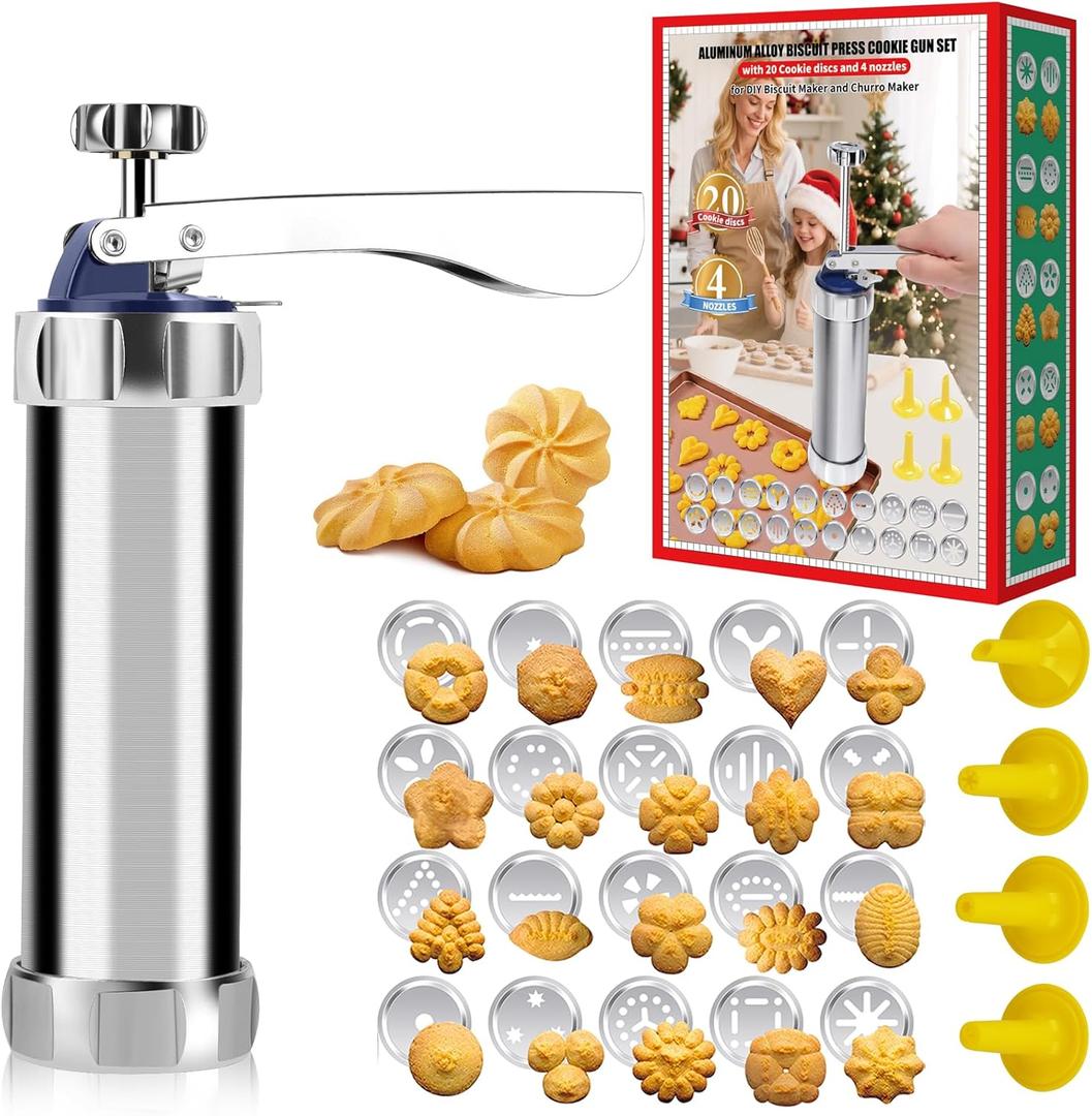 Cookie Press, Spritz Cookie Press, Cookies Maker for Baking, For DIY Biscuit Maker and Decoration with 20 Cookies Discs and 4 Piping Tips (Stainless Steel)
