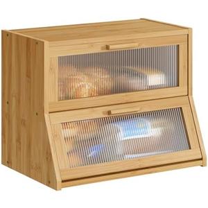 BMOSU Large Bread Box Double Layer Bamboo Bread Box for Kitchen Counter Container Farmhouse Bread Holder Capacity Bread Storage Bin(Natural)