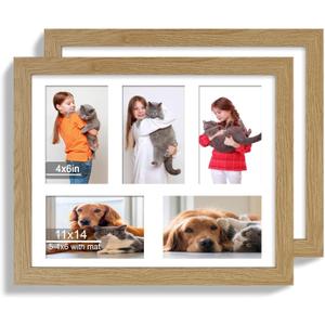 11x14 Picture Frame Set of 2, Natural Oak Wood Frame with Real Glass Collage Picture Frames, Display Pictures Five 4x6 With Mat or 11 x 14 Without Mat, Photo Frames Wall Gallery