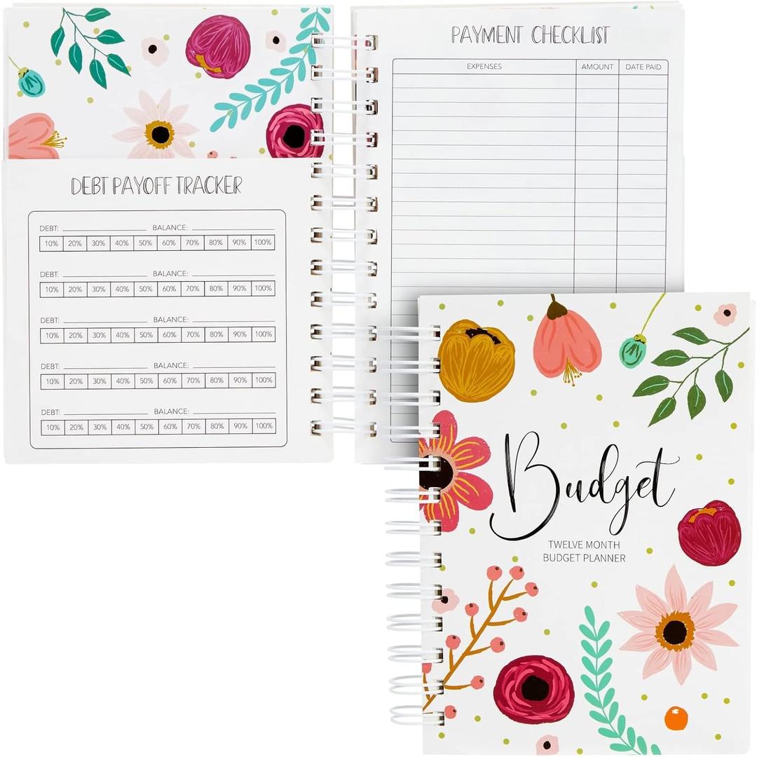 Paper Junkie Bill Organizer with Pockets - 5 x 7 In, Pink & Red with Green Accents - Floral Monthly Planner - Debt Payment Tracker & Expense Organizer