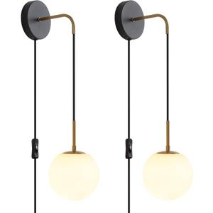 Plug in Wall Sconces Set of 2 Black and Brass Gold Wall Sconces Set of Two Plug in Hanging Wall Lamp with Plug in Cord with Globe White Glass Shade Vintage Wall Lights with Switch for Bedside