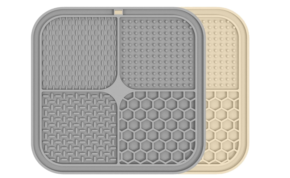2 Pack Lick Mat for Dogs,Cats,Upgraded 8.58.5 inches Licking Mats with Suction Cups,Slow Feeder Licking Pad for Anxiety Relief and Boredom Reducer,Suitable for Dog Training Set 2 (Gray & Beige)
