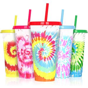 24 oz Color Changing Cups with Lids and Straws, 5 Pack Reusable Plastic Tumblers for Iced Coffee, BPA-Free Tie Dye Cold Cups, Sturdy Drinking Cups with Cleaning Brush Set