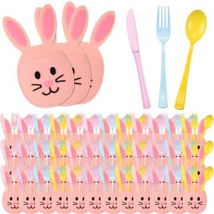 2 x 160 Pcs Pastel Plastic Silverware Rabbit Party Supplies Plastic Disposable Dinnerware with 40 Rabbit Cutlery Bags 40 Spoons 40 Forks 40 Knives for Spring Celebrations Picnic Utensils