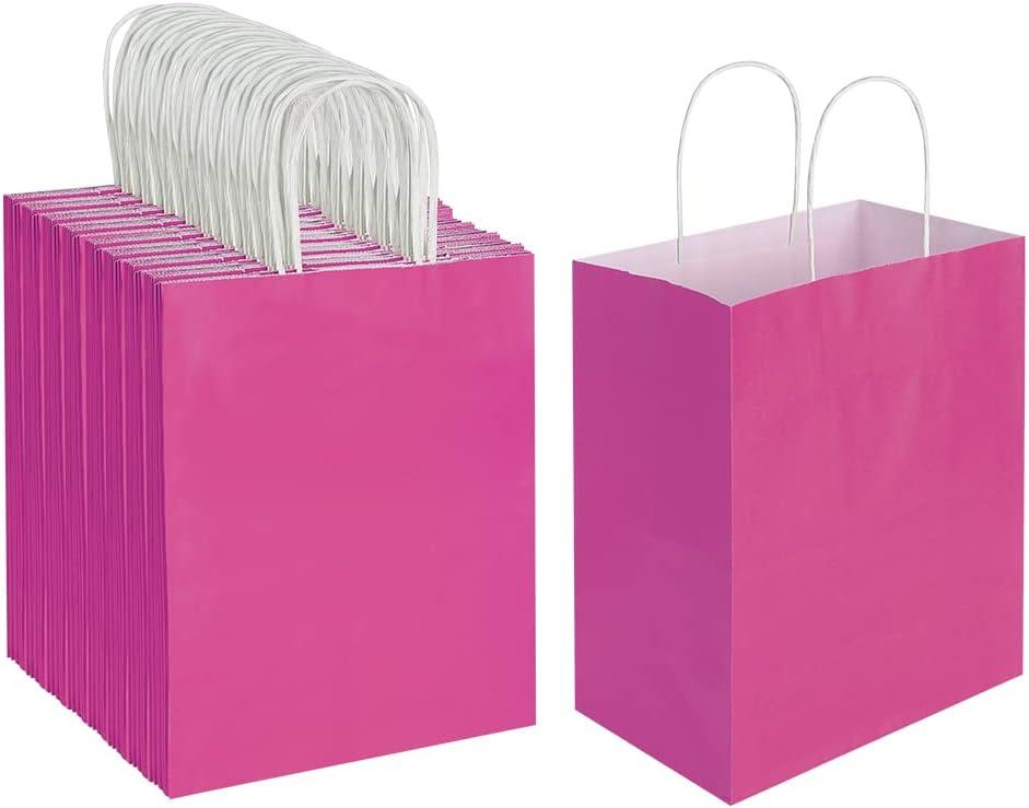 Oikss 100 Pack 8x4.75x10 Inch Medium Hot Pink Kraft Paper Bags with Handles Bulk for Birthday Wedding Party Favors Grocery Retail Shopping Business Goody Craft Gift Bags Sacks (Fuchsia 100pcs Count)