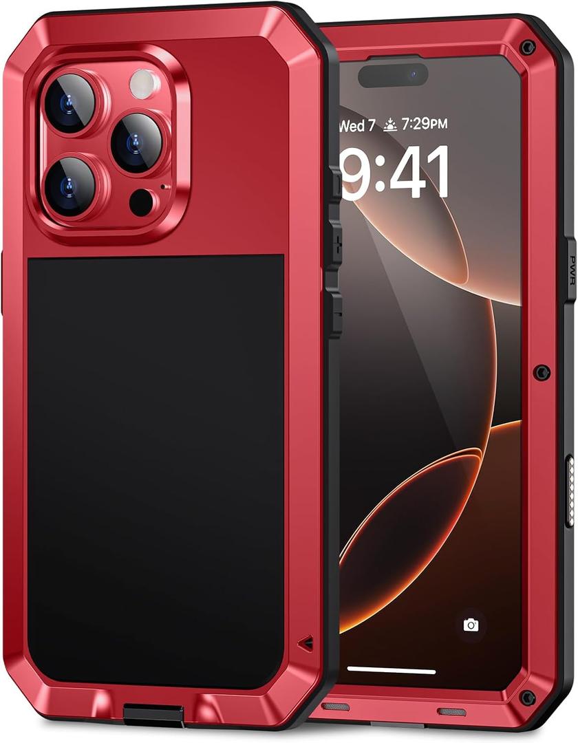 Lanhiem for iPhone 16 Pro Max Case, Metal Heavy Duty Shockproof Tough Rugged Case with Built-in Glass Screen Protector, 360 Full Body DustProof Strong Protective Phone Case for 16 Pro Max 6.9", Red