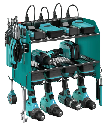 CCCEI Modular Power Tool Organizer Wall Mount with Charging Station. Garage Drill Storage Shelf with Hooks, Heavy Duty Rack, Tool Battery Holder Built in 8 Outlet. Gift for Men. Navy Blue, 1 Pack