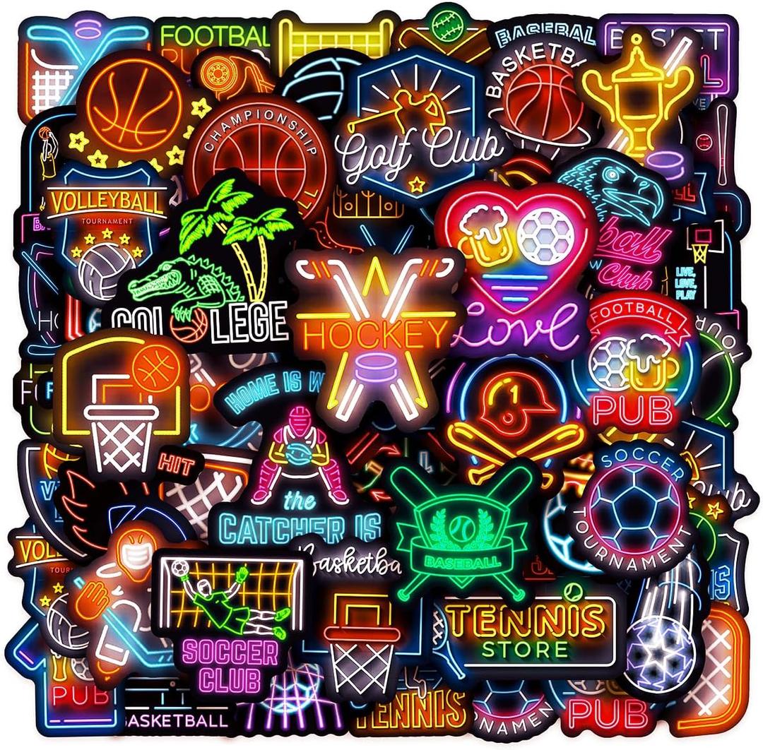 2 x 100pcs Neon Sports Theme Waterproof Vinyl Stickers - Football Soccer Baseball Basketball Decor & Party Favors Gifts for Laptop, Water Bottle, Skateboard