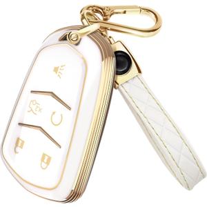 Lucrum Compatible with Cadillac Escalade Key Fob Cover & Leather Keychain, 5 Buttons Keyfob Case for ATS CTS CT6 SRX XT4 XT5 XT6 - (2015-2023) - White and Gold