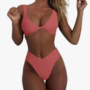geluboao Bikini Set for Women Solid V Neck Knot Front Push Up High Leg Thong Two Piece Swimsuit , Size -XL, pink