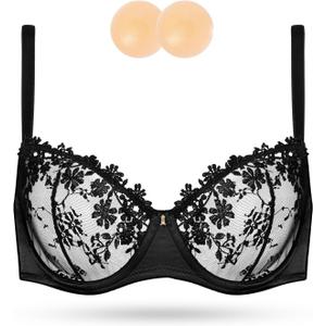 Wingslove Women's Sexy Lace Bra Demi Sheer Mesh Balconette See Through Bralette Unlined Underwire Embroidered (Black), 32D